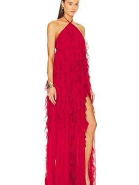 PatBO Red Ruffle Halter Maxi Dress